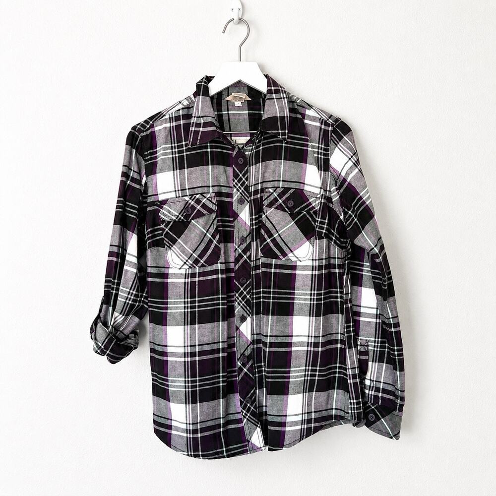 Duluth Trading Crosscut Wicking Flannel Shirt M Purple Plaid Roll Tab Outdoor